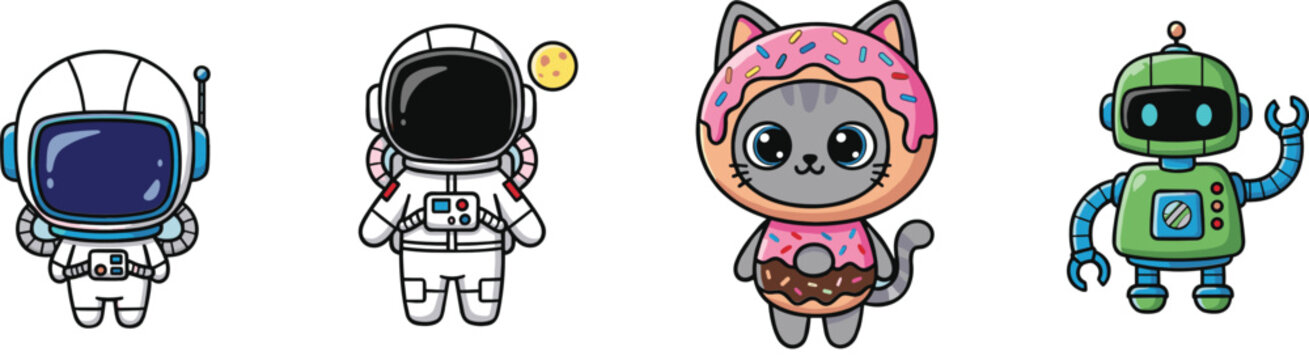 Cute cartoon astronaut cat and robot characters set playful kawaii space technology illustration collection