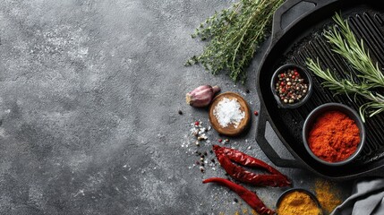 Various cooking ingredients are placed on a dark kitchen surface. Fresh herbs colorful spices and other items are ready for meal preparation and cooking activities.