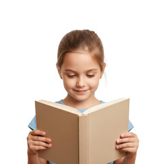 Little Girl Reading a Book with a Smile for Education and Early Literacy Concept isolated on transparent background