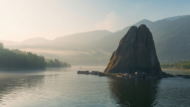 Water and mountain scene with lush greenery and morning mist, highlighting outdoor travel and nature conservation