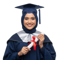 Proud Muslim Graduate in Blue Hijab and Academic Gown Holding Diploma for Education Success isolated on transparent background