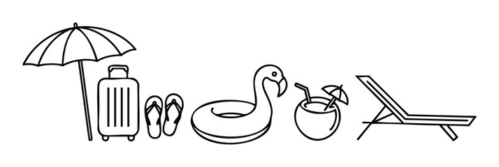 Line art depiction of popular summer vacation essentials like a beach umbrella, travel bag, flipflops, swimming ring, refreshing coconut cocktail, and a comfortable sunbed for tourism