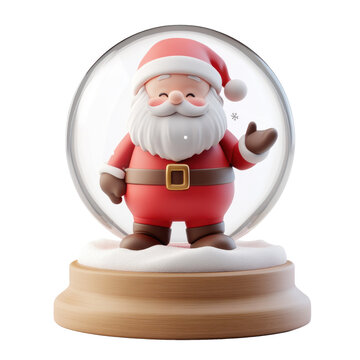 A snow globe with a smiling Santa Claus inside, surrounded by snow and a wooden base.