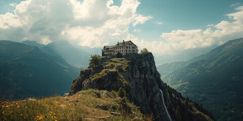 Remote mountain structure nestled among greenery and rocky terrain in Ticino, highlighting rural settlement