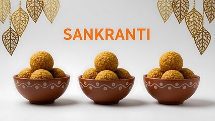 Three brown bowls with yellow round sweets and golden leaves on a white background with