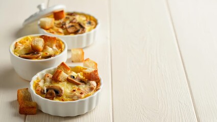 Baked chicken and mushroom julienne with cheese presented as a clean recipe book cover image. Food and publishing category for cookbook design and home cooking content.