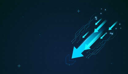 Moving down of Multiple light trails imply parallel revenue streams accelerating together on Dark digital background with sparkling dots on arrows falling trend