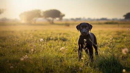A cute black dog resting in a grassy park setting, highlighting loyalty and innocence in nature