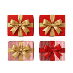 Set of Decorative Red and Gold Christmas Gift Boxes with Ribbons isolated on transparent background