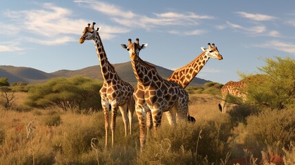 Fototapeta na wymiar A trio of tall giraffes stands together in a sunlit savannah with rolling hills and a bright sky