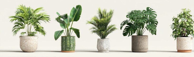 Obraz premium Potted houseplants with green leaves line up against a neutral backdrop