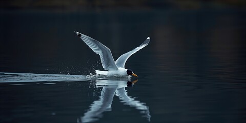 Seagull diving into water, illustrating natural feeding behavior and wingtip contact with water