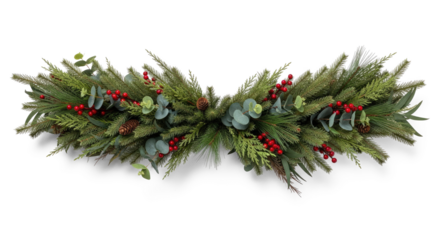 A lush, green garland with red berries and pinecones, adorned with evergreen branches and leaves, against a white background.