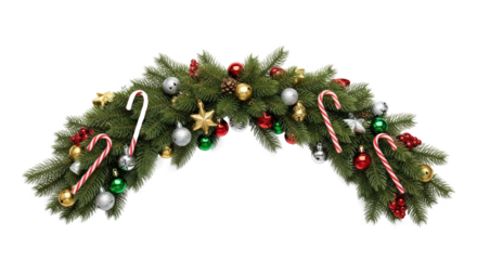 A Christmas wreath with pine branches, candy canes, and holiday ornaments.