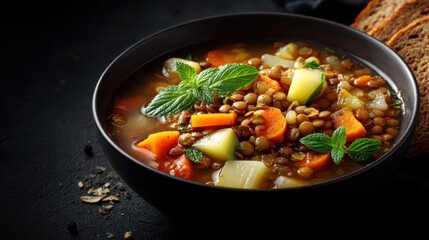A bowl of lentil soup sits on a dark surface. The soup includes vegetables and fresh herbs. Nearby fresh whole grain bread rests on the table.