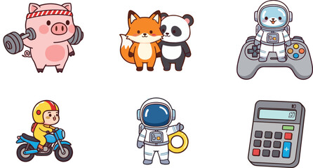 Cute cartoon characters set with fitness pig fox and panda astronauts cycling gamer and calculator in flat vector style © Sumon Creative