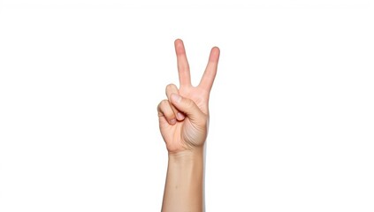 Naklejka premium Human hand making the Victory sign with fingers raised, against a plain white backdrop, symbolizing success or achievement