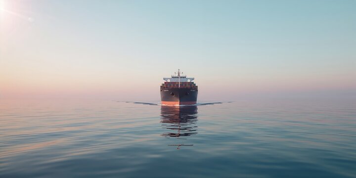 Dry cargo vessel underway on tranquil waters, illustrating bulk freight transportation process