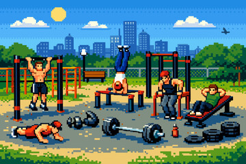 Retro pixel art outdoor workout scene with city background