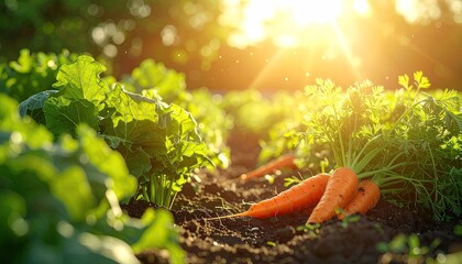 Carrot plants growing in a garden with the sun shining brightly in the background creating a warm atmosphere with golden light filtering through the leaves