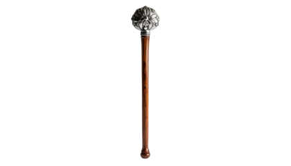 A polished, long wooden staff with a decorative metal orb at the top against a black background