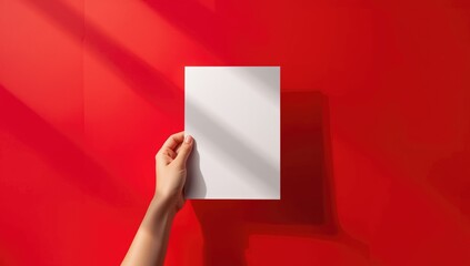 Obraz premium Person gripping a plain white paper board against a red backdrop for promotional and communication purposes, notification display