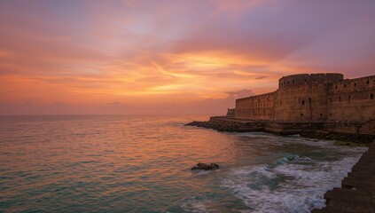Evening light casts a glow on the historic Galle Fort walls with sunset reflecting on the sea, preservation of coastal architecture