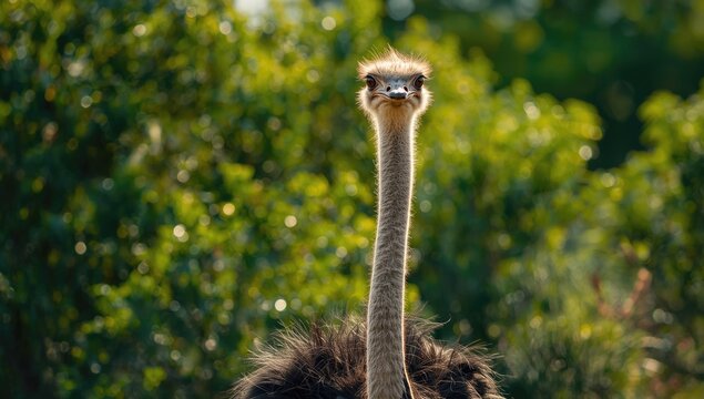 Ostrich standing under direct sunlight amid lush green bushes, highlighting wildlife preservation