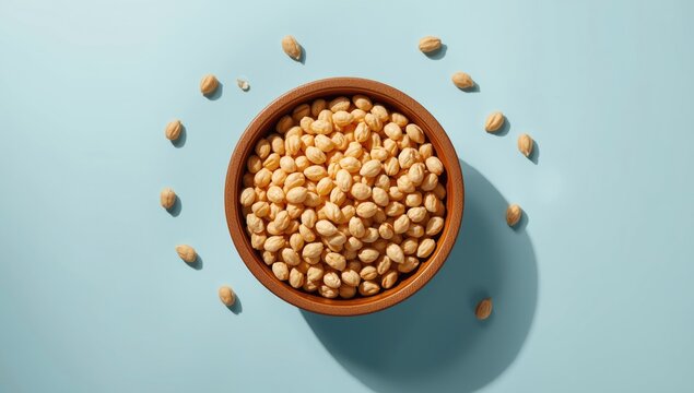 Vertical shot of fox nuts in a wooden dish against a light blue surface emphasizing healthy snack options, World Nutrition Day