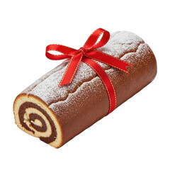 A chocolate roll cake with a red ribbon and powdered sugar on a white background.