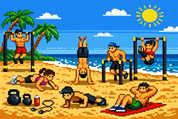 Beach workout pixel art: fitness enthusiasts exercising by the ocean with sunny skies