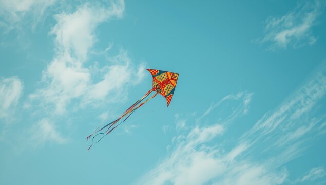 Colorful kite with ribbons flying in clear blue sky, suitable for summer beach scenes, World Kite Day