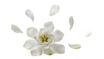 A serene white camellia flower with falling petals on a clean white background
