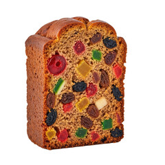 A slice of fruit cake with a variety of colorful fruit and nuts on a white background.
