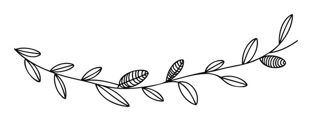 A simple hand drawn botanical branch with delicate outline leaves curving gracefully, perfect for elegant wedding invitations, greeting cards, decorative borders, or sophisticated branding