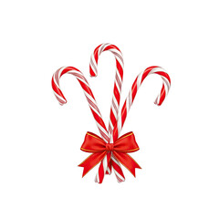 Three candy canes with a red ribbon on a white background.