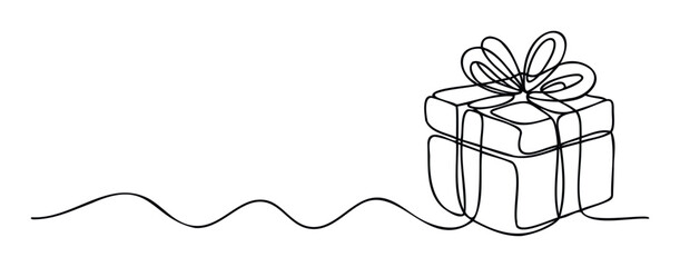 Continuous single line drawing of a stylized gift box with a decorative ribbon and an elegant flowing wavy path perfect for holiday greetings or celebratory event branding
