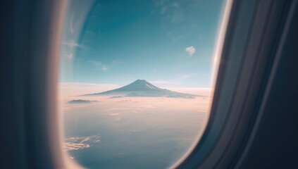 Obraz premium View of Mount Fuji through an airplane window, highlighting winter snow and mountain scale