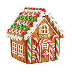 A gingerbread house with candy canes and peppermints on a white background.