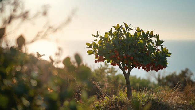 Arbutus unedo along the Bruzzi trail in summer, showcasing leaf and fruit textures for nature preservation awareness