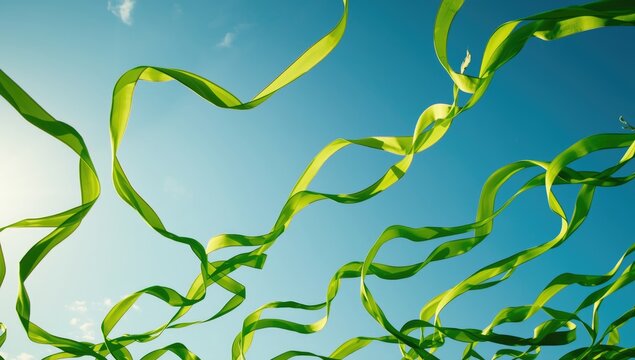 Flowing green fabric strips moving gently outdoors, suitable for garden decor, Earth Day