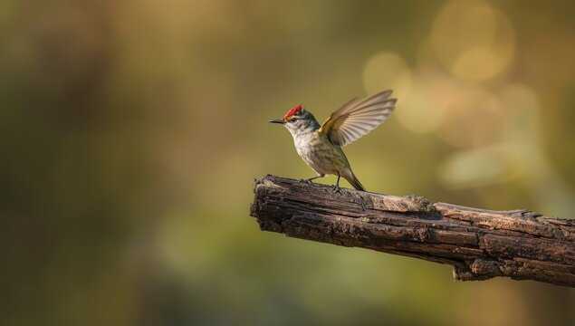 Ruby-crowned kinglet in flight amidst dense foliage, focusing on small bird activity in woodland areas