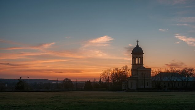 Evening sunset casting warm glow on a town featuring a church tower, highlighting seasonal change