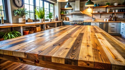 Rustic wooden kitchen island centerpiece with abundant natural light and hints of green plants reflecting a cozy ambiance