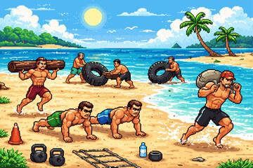 Beach workout scene in retro pixel art style with fit men exercising