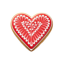 A red and white heart-shaped cookie with intricate designs on a white background.