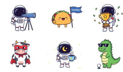 Cute cartoon icon set with astronaut, taco, superhero cow, trophy winner, dinosaur, and space characters © Sumon Creative