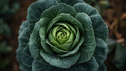 Obraz premium Close-up of a green flower on a cabbage head, natural growth in farming environments