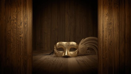 Elegant gold Venetian mask resting on a dark wooden background, used in costume design or themed celebrations