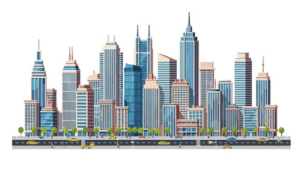 Fototapeta premium Expansive cityscape panorama featuring a vibrant array of modern skyscrapers, bustling streets with cars, and diverse pedestrians on a clear day.